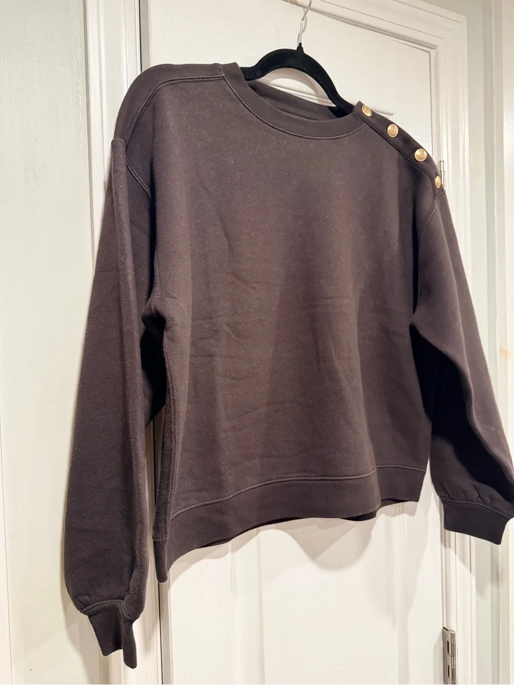 NWOT J.Crew Size S Black Gray Gold Button Shoulder Sweatshirt Crewneck Pullover